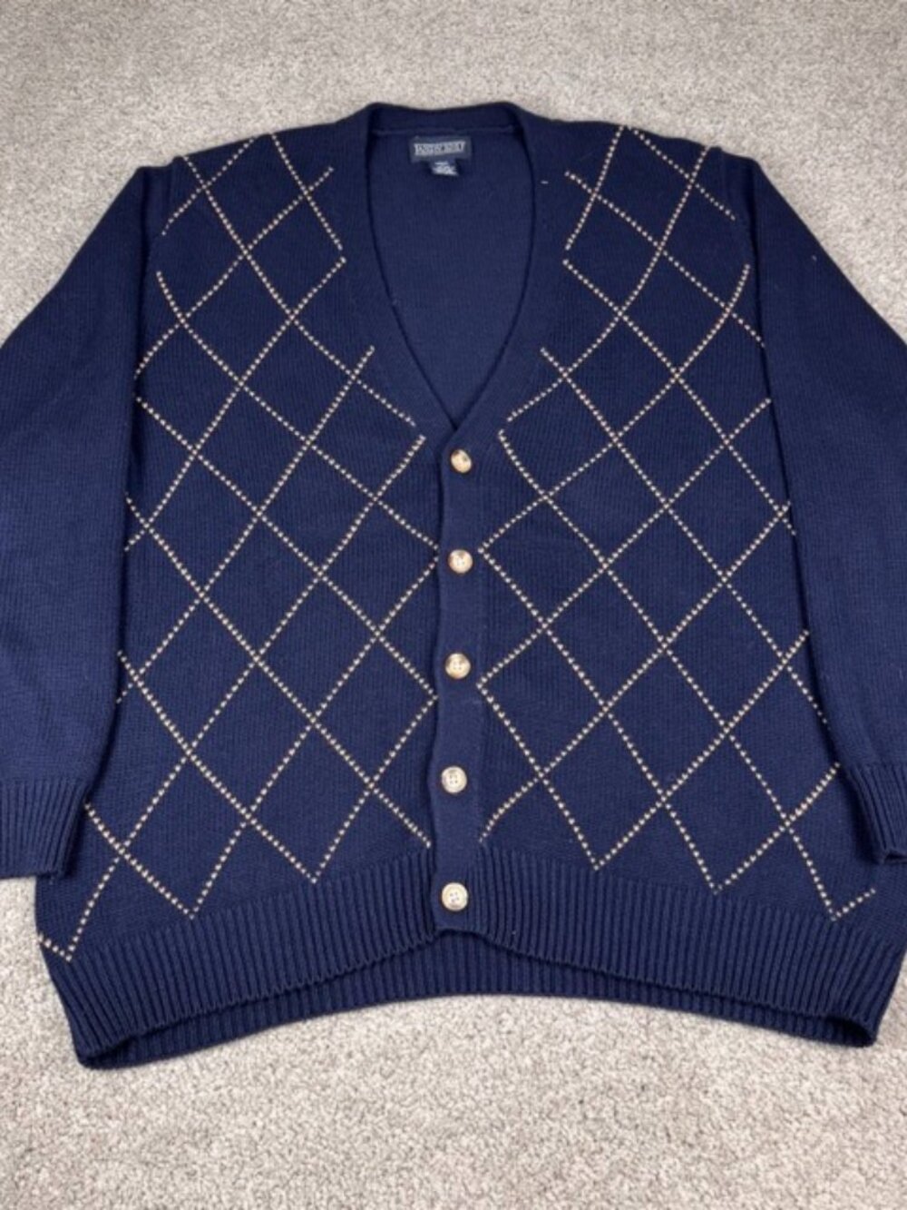 Vintage Lands End Cardigan Sweater Argyle Men's Large Navy Blue Cotton Knit USA